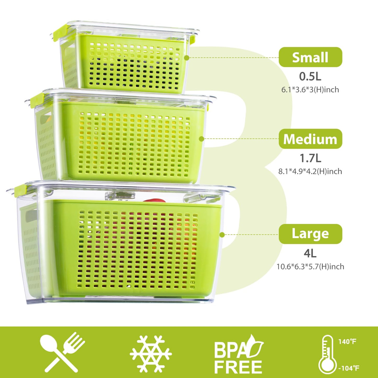 LUXEAR Fresh Container, 3PACK Produce Saver Container BPA Free Fridge Organizer for Vegetable Fruit and Salad Partitioned Food Storage Container with Vents Stay Fresh Containers Not Dishwashers Safe