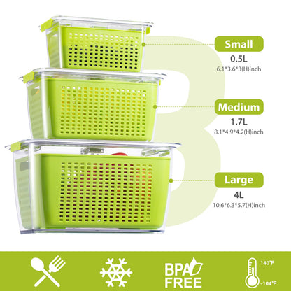 LUXEAR Fresh Container, 3PACK Produce Saver Container BPA Free Fridge Organizer for Vegetable Fruit and Salad Partitioned Food Storage Container with Vents Stay Fresh Containers Not Dishwashers Safe