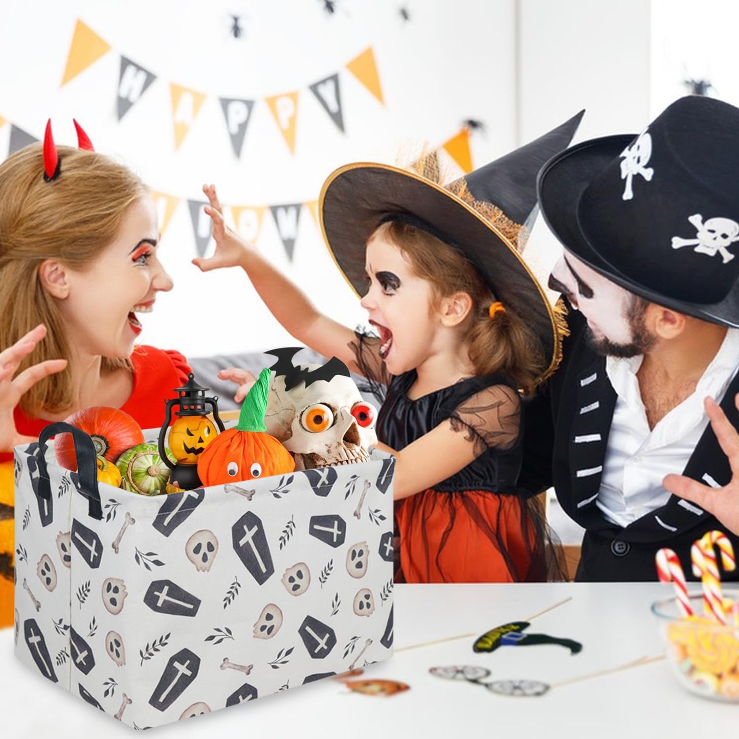 FXOCSHE Halloween goth thriller basket,Empty Halloween basket,Gothic home decor,Trick or Treat Basket for Boys and Girls,Waterproof collapsible storage box(Gothic)