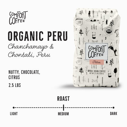Mt. Comfort Coffee Organic Peru Medium Roast, 2.5 Pounds - Flavor Notes of Nutty, Chocolate, & Citrus - Sourced From Small, Peruvian Coffee Farms - Roasted Whole Beans