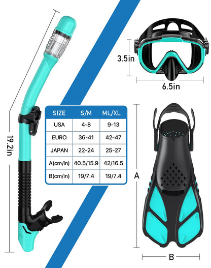Ubekezele Snorkeling Gear for Adults Men Women,4 in 1 Snorkel Set with Panoramic View Diving Mask Anti-Fog Anti-Leak,Dry Top Snorkel,Fins and Travel Bag for Swimming,Snorkeling and Travel Diving