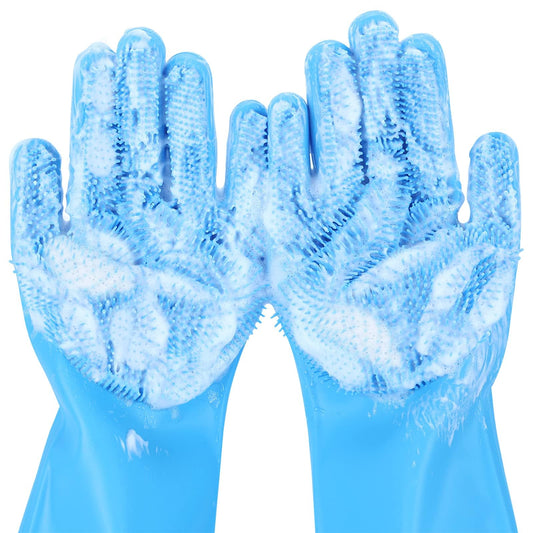 Pecute Pet Grooming Gloves - Heat Resistant Silicone Gloves with High-Density Teeth, Enhanced Five Finger Design for Bathing and Massaging Dogs and Cats, Blue