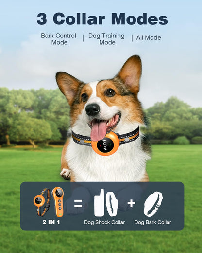 2-in-1 Dog Shock Collar & Dog Bark Collar - Smart Anti Barking Dog Training Collar with 5 Adjustable Sensitivity & 3300FT Remote for All Breeds IP67 Waterproof Rechargeable E-Collar (Orange)