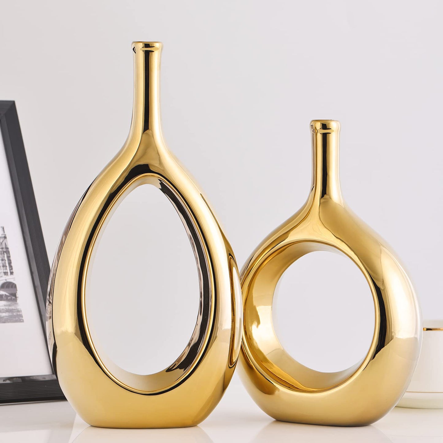 Glossy Gold Ceramic Vase Set 2,Modern Hollow Circle with Hole Flower Vase for Home Decor,for Table Centerpieces,Farmhouse,Fire Place,Living Room,Bedroom,Office,Bookshelf,Rustic Decor