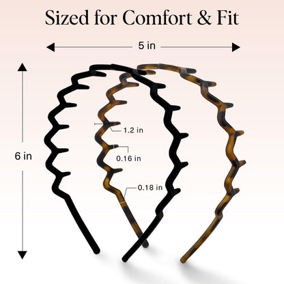 Kitsch Zig Zag Headbands for Women Non Slip – Fashion Accessories for Slicked Back Styles - Comfortable Comb Headband with Teeth - Recycled Plastic Tortoise & Black Headband - 2 pcs