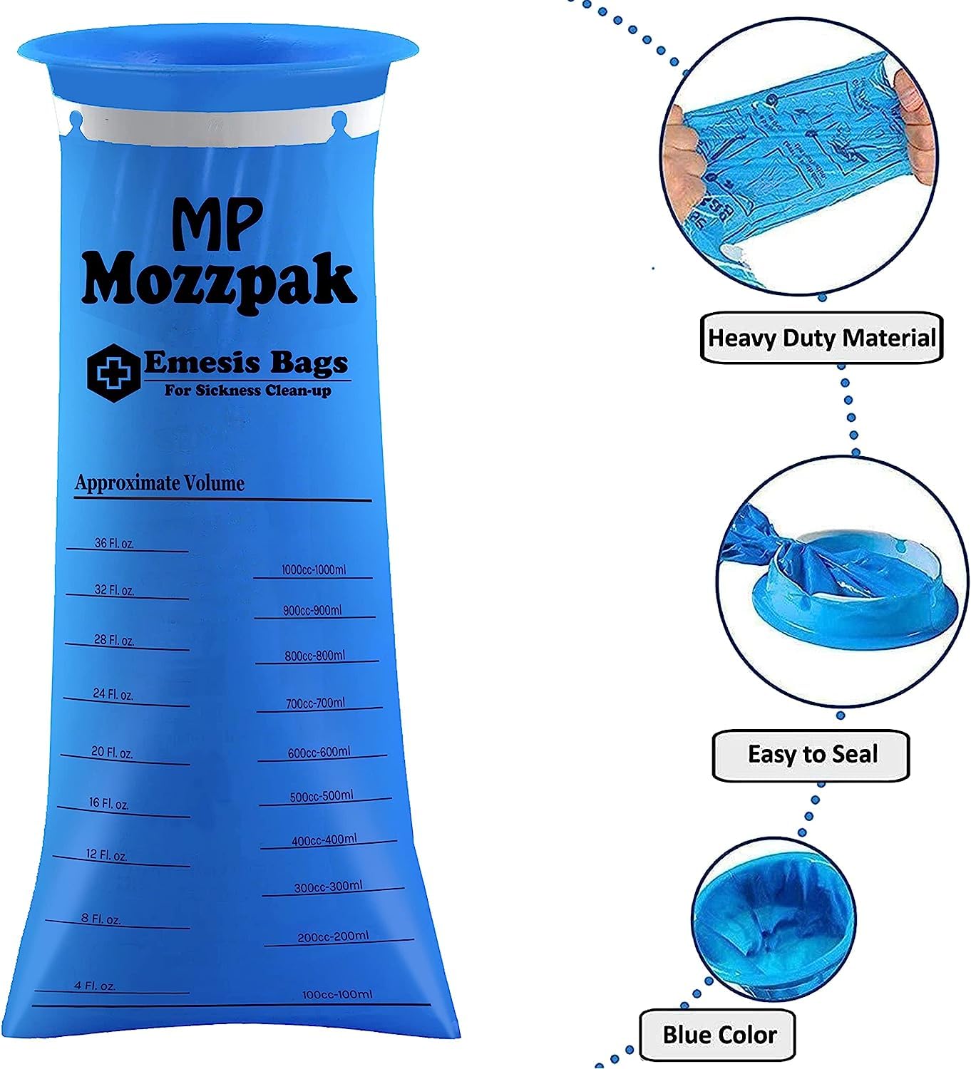MP MOZZPAK Vomit Bags Disposable – 35 Pack – 1000ml Barf Bags – Leak Resistant, Medical Grade, Portable Emesis Bags, Puke, Throw Up, Nausea Bags for Travel Motion Sickness (Blue)