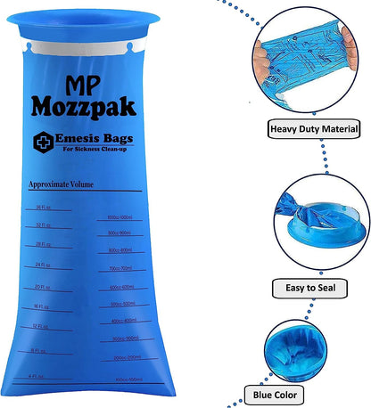 MP MOZZPAK Vomit Bags Disposable – 35 Pack – 1000ml Barf Bags – Leak Resistant, Medical Grade, Portable Emesis Bags, Puke, Throw Up, Nausea Bags for Travel Motion Sickness (Blue)