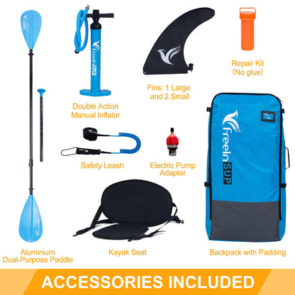 Freein Inflatable Stand Up Paddle Board ，Capacity 2-in-1 SUP/Kayak with Adjustable Seat ，Electric Pump Adapter ，Non-Slip Diamond Deck & Travel Backpack ，for Adults/Fishing/Yoga (Aqua, 11')
