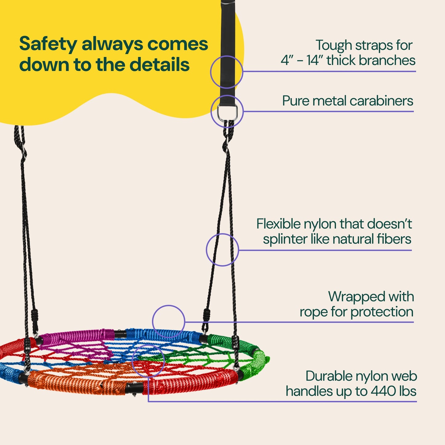 PLAYVIBE Spider Web Tree Swing - 40 in Multicolor Saucer Swing - 440 lb Capacity with Hanging Straps & Carabiners - Weather-Resistant Outdoor Play for Kids & Toddlers - Fits Trees, Playsets & Gyms