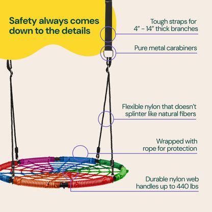 PLAYVIBE Spider Web Tree Swing - 40 in Multicolor Saucer Swing - 440 lb Capacity with Hanging Straps & Carabiners - Weather-Resistant Outdoor Play for Kids & Toddlers - Fits Trees, Playsets & Gyms