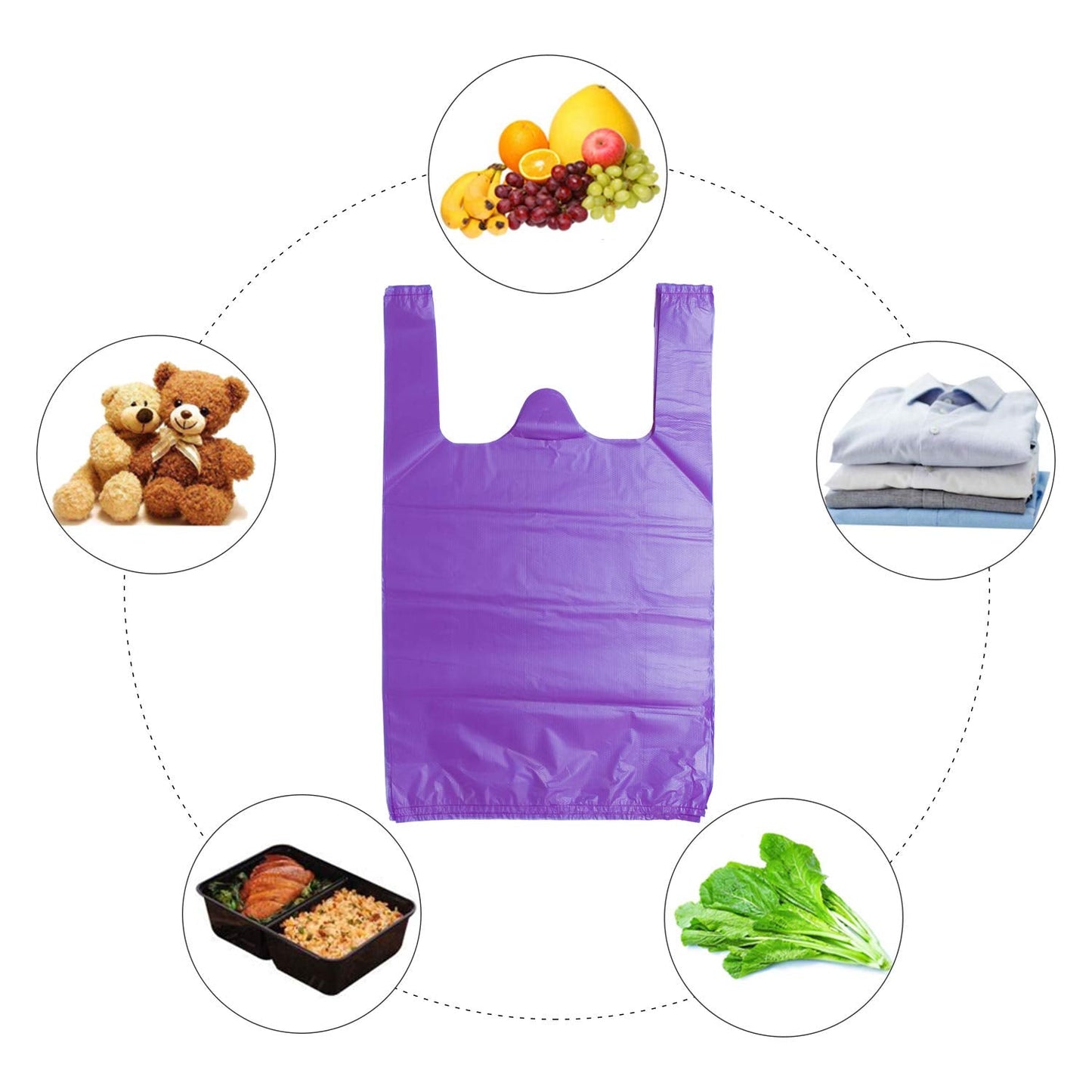 LazyMe T-Shirt Carry-Out Bags Plastic Grocery Bags with Handles Shopping Bags in Bulk Restaurant Bags, Standard Supermarket Size,12 x 20 inch (Purple 100 Pcs)