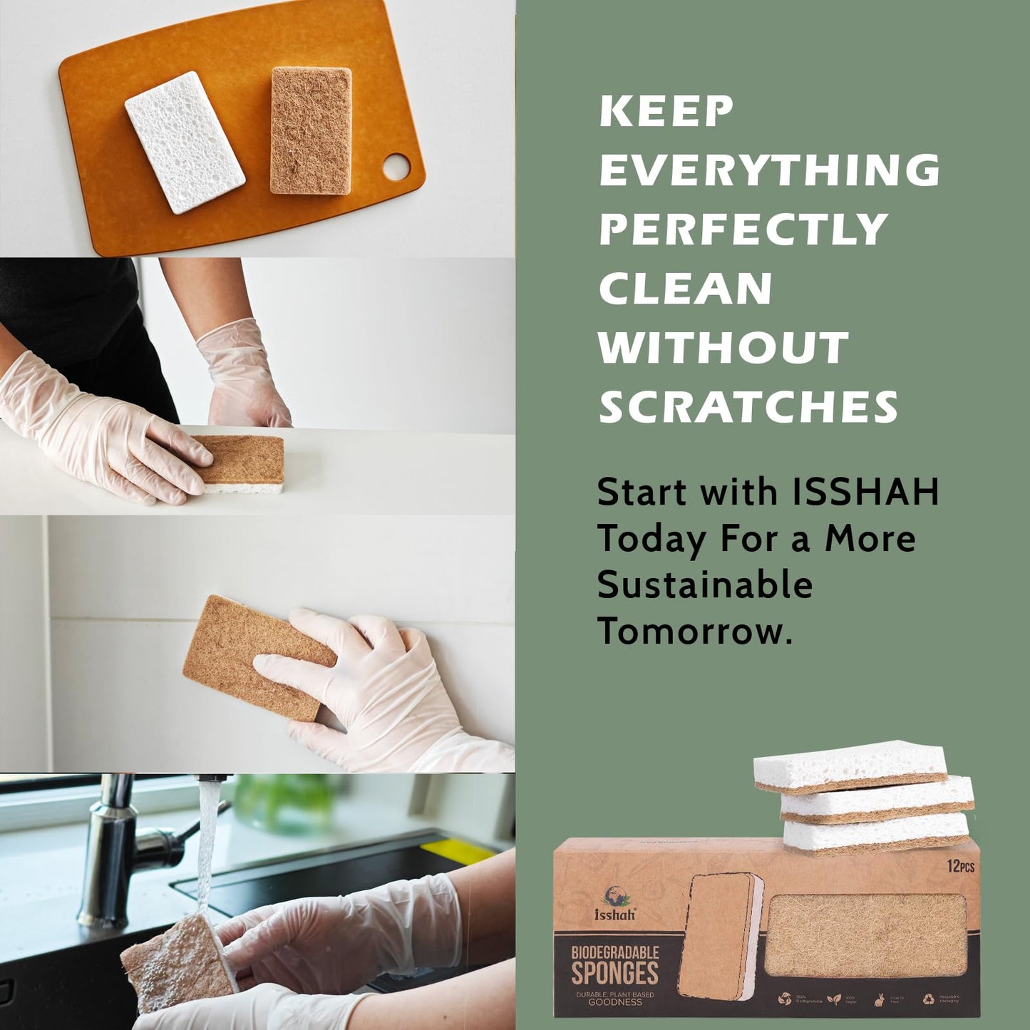 Isshah Plant-Based Kitchen Sponges - FSC Certified and PETA Approved, Natural, Eco-Friendly, Biodegradable Sisal Hemp Sponges for Dishes, Cleaning Sponge for Kitchen, Bathroom, Household - 12 Count