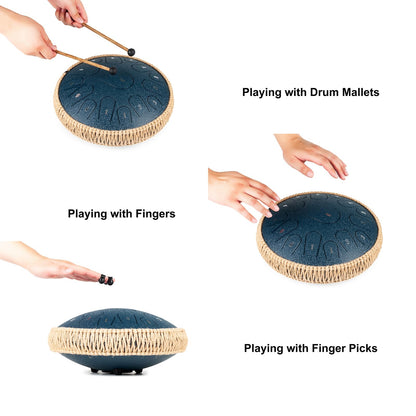 HOPWELL Steel Tongue Drum - 13 Inches 15 Notes Tongue Drum - Hand Pan Drum with Music Book, Handpan Drums Mallets and Carry Bag, D Major (Navy Blue)