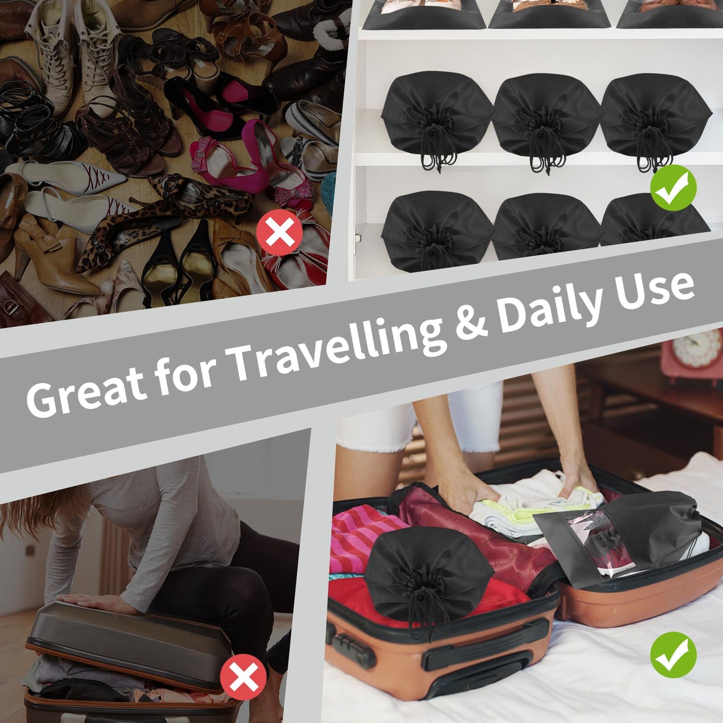 12 Pack Large Shoe Bags for Packing with Clear Window, Dustproof Drawstring Travel Shoe Storage Bags for Men & Women, Black