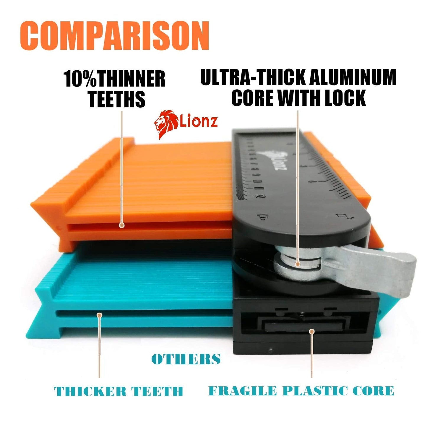 Lionz Contour Gauge with Lock, Mechanical pencil, and multifunction Tool 10+5 Inch, Super Gauge Shape and Outline tool to Copy Angles and Odd Shapes - Gift for Men, Handyman, DIY, Construction.