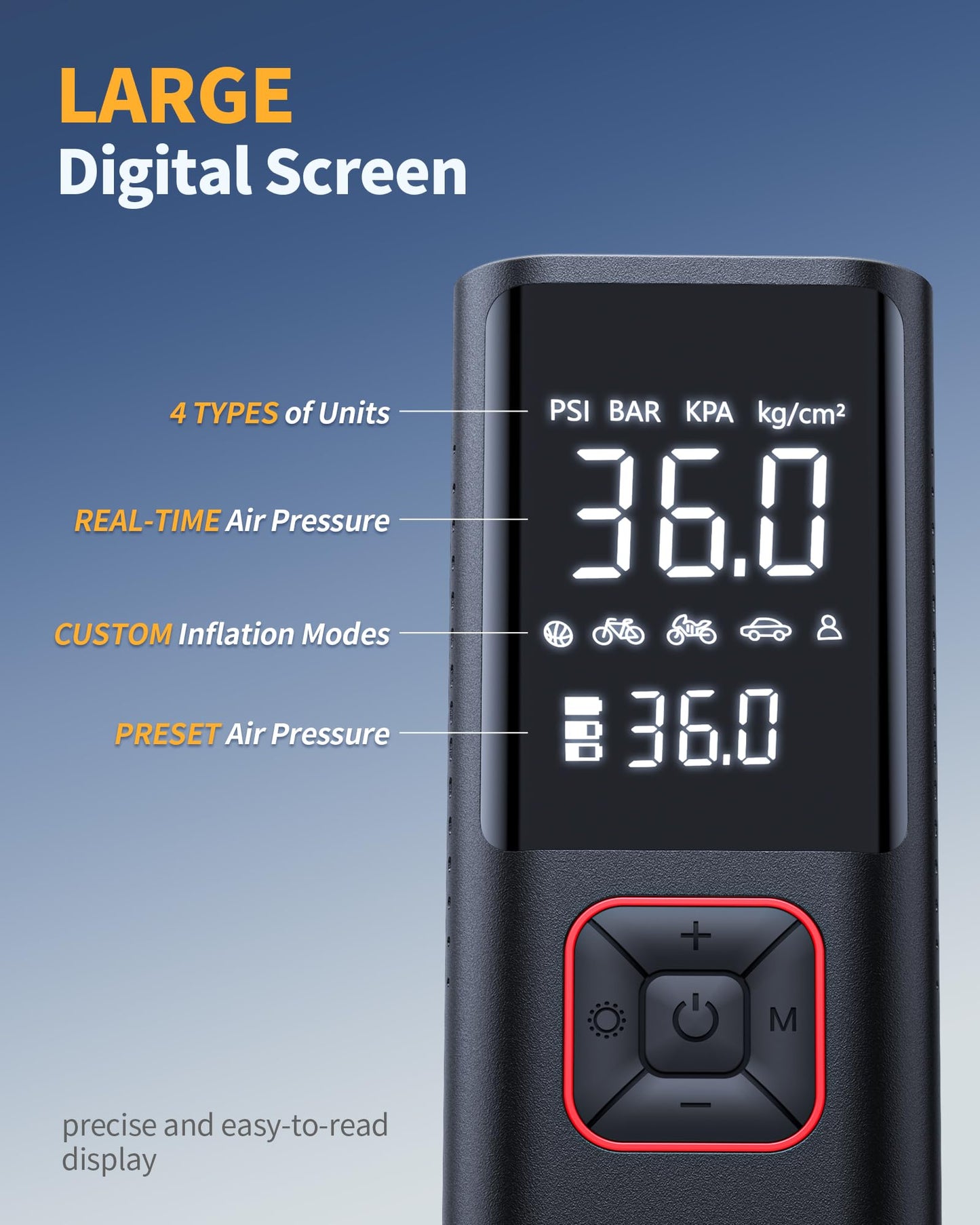 Powools Cordless Tire Inflator Portable Air Compressor - 150PSI Air Pump with Auto Shutoff Function for Car Tires, Inflatables, Motorcycle, Balls, Compact Bike Tire Pump with LED Light, Red, Large