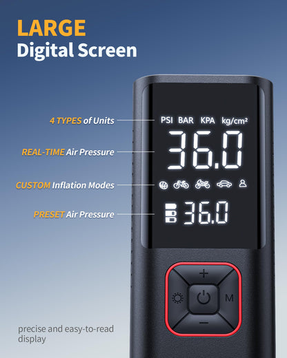 Powools Cordless Tire Inflator Portable Air Compressor - 150PSI Air Pump with Auto Shutoff Function for Car Tires, Inflatables, Motorcycle, Balls, Compact Bike Tire Pump with LED Light, Red, Large