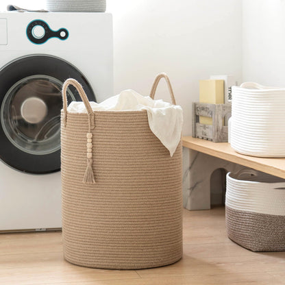 Goodpick Boho Jute Laundry Hamper Basket, Wicker Laundry Basket with Handles, Tall Baby Nursery Hamper, Large Woven Blanket Storage for Living Room, Bedroom, 16" x 20"