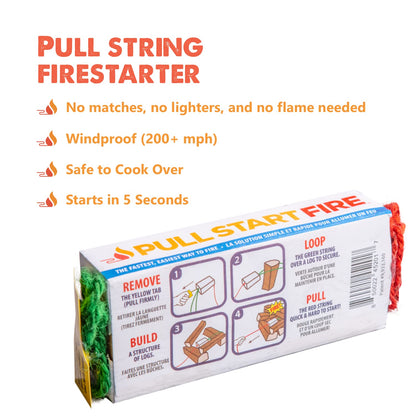 Pull Start Fire Pull String Firestarter | No Matches Required, Fire Starts in Seconds | for Campfires, Grill, Fireplace, BBQ | Lights Wet Wood, Easy to Use, Food Safe and Weather Resistant | 6 Pack