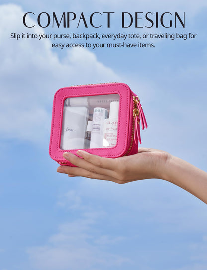 Mini Makeup Bag Clear Small Travel Cosmetic Case Leather Cute Hot Pink Pouch for Purse Organizer Make Up Bag for Women Car Toiletry Bag with Zipper for School