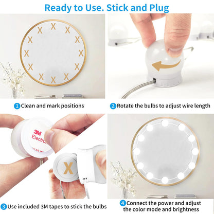 LED Vanity Mirror Lights with 12 Stick On Dimmable Bulbs, 3000K 4500K 6500K & 10 Brightness Levels Adjustable, Plug in USB Cable, Hollywood Style Mirror Lights for Makeup Desk Bathroom Dressing Room
