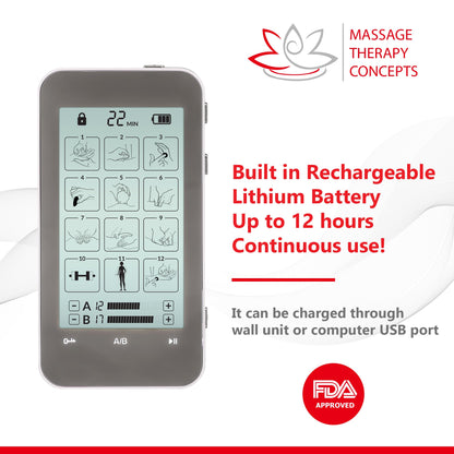 Massage Therapy Concepts Deluxe TENS Unit Muscle Stimulator & Accessories - Non-Invasive EMS Machine for Neck & Back Pain Relief, Sciatica - Electrotherapy with 12 Modes & 20 Intensity Levels