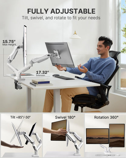 HUANUO Dual Monitor Stand - Full Adjustable Monitor Desk Mount Swivel Vesa Bracket with C Clamp, Grommet Mounting Base for 13 to 32 Inch Computer Screens - Each Arm Holds 4.4 to 19.8lbs - White