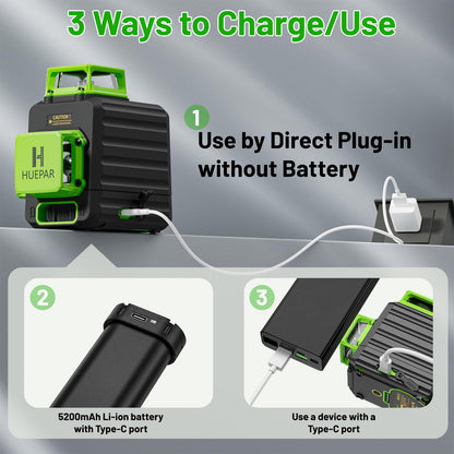 Huepar Laser Level 360 Self Leveling, 3 x 360° High Brightness Cross Line Laser for Construction and Picture Hanging, 12 Green Laser Level Tool with 5200 mAh Rechargeable Battery & Hard Carry Case