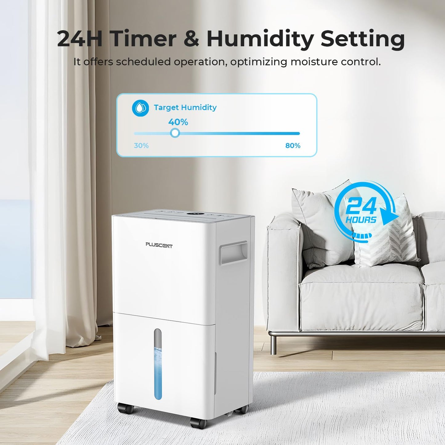 1500 Sq.ft Dehumidifier for Basement, PlUSCENT Max 21 Pint/Day Dehumidifiers for Home, Large Room, Bedroom with Drain Hose, Smart Humidity Control & Monitor, 3 Operation Modes, 24H Timer, Auto Defrost