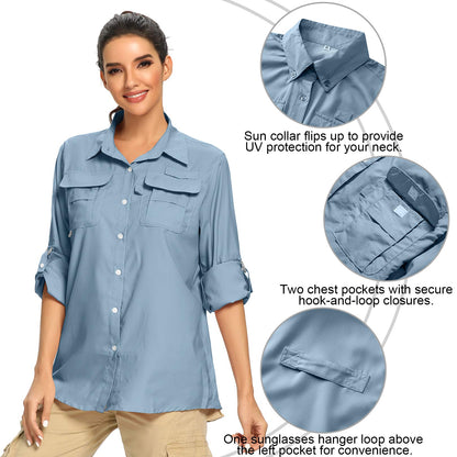 Jessie Kidden Women's UPF 50+ UV Sun Protection Safari Shirt, Long Sleeve Quick Dry Outdoor Adventure (5055 Light Blue XXL)