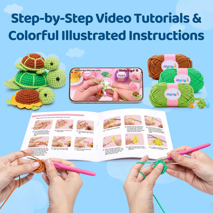 Mewaii Beginner Crochet Kit with 40% Extra Yarn, Pre-Started Yarn & Video Tutorials - 3 Sea Turtles Craft Set for Adults & Kids