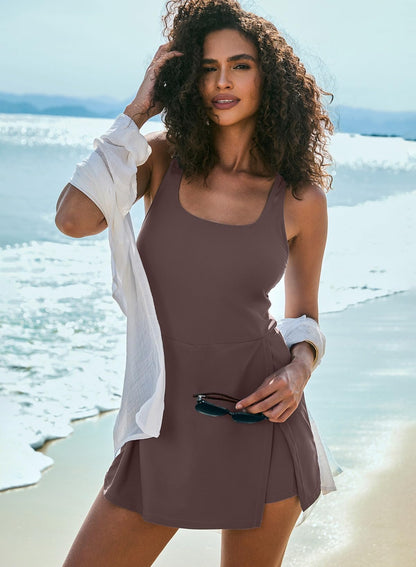 Aleumdr One Piece Swimdress for Women Tummy Control Swimsuit Split Swim Dress with Shorts Skirt Bathing Suit Dark Brown Medium