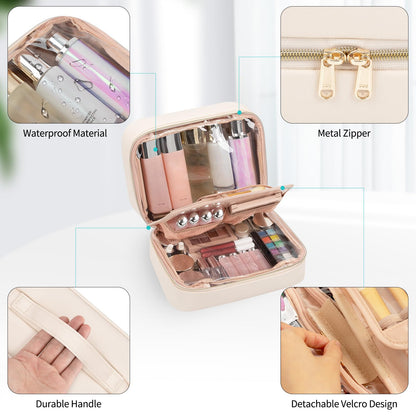 OCHEAL Makeup Bag, Make up Travel Bag Large Capacity Waterproof Cosmetic Organizer Bag with Makeup Brush Compartment & Handle for Women Girls Travel Toiletry Accessories-Beige