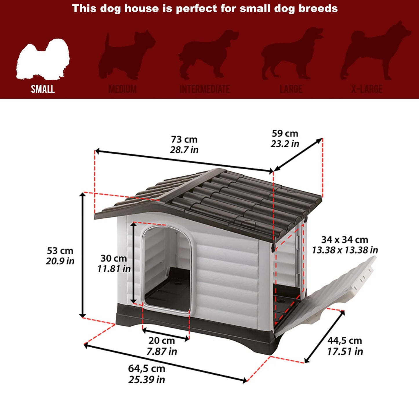 Ferplast Dog Villa Indoor and Outdoor Dog House for Small Dog Breeds, Measures 28.75L x 23.23W x 20.87H Inches, Ventilated with Patented Fold-Out Porch, Cream with Dark Brown Bottom, Part # 87253099
