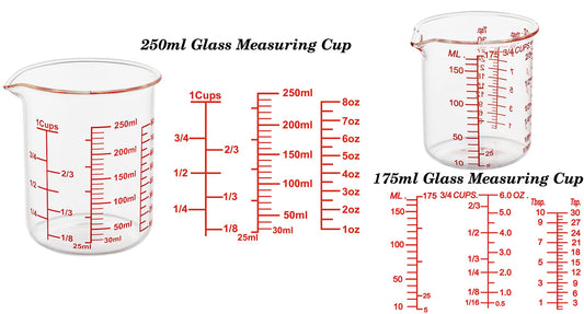 High Borosilicate Glass Measuring Cup Set-V-Shaped Spout，Includes 5ml/15ml/30ml/60ml/120ml/150ml/250ml Glass Measuring Beaker for Kitchen or Restaurant, Easy to Read(Pack of 7)