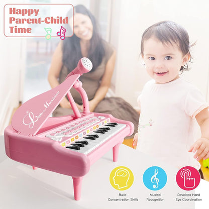 Love&Mini Piano Keyboard Toy for Girls - 24 Keys Toddler Music Toy Instrument with Microphone, Pink Piano Toy for 1 2 3 Years Old Girls Birthday Gift