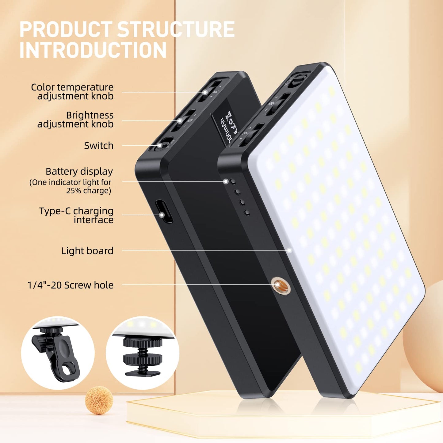 Meixitoy 120 LED Phone Light, Selfie Light for iPhone, 5000Mah Rechargeable Clip Video Light for Phone, Camera, Laptop, iPad, Adjusted 3 Lights Modes for Selfie, Video Conference, TikTok, Vlog (Black)