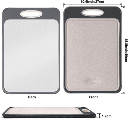 GUANCI Cutting Board for Kitchen, Stainless Steel Cutting Board Double Sided for Chopping Meat/Vegetables, Stainless Steel/Wheat Straw PP, Kitchen Gifts Easy to Clean Large 16”×11”