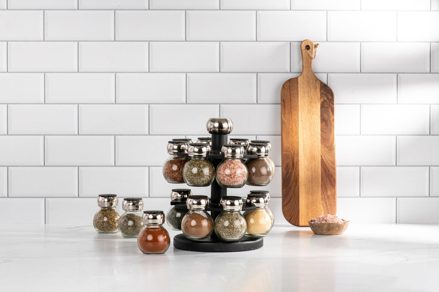 Olde Thompson Since 1944 Orbit Rotating Rack, 16 Refillable Spice Jars, Labeled Shaker Tops, 45, Black, Clear