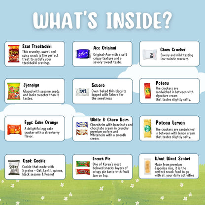 Korean snack box variety pack, 50 count individually wrapped, care package sampler with candy, cookies, chips, and treats, gift bundle for kids, students, adults, and snack lovers