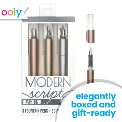 Ooly Modern Script Set - 3 Black Ink Fountain Pens with a 60 Page Journal, Pens are in Metallic Gold, Rose Gold and Silver, Refillable Cartridges - Back to School Supplies