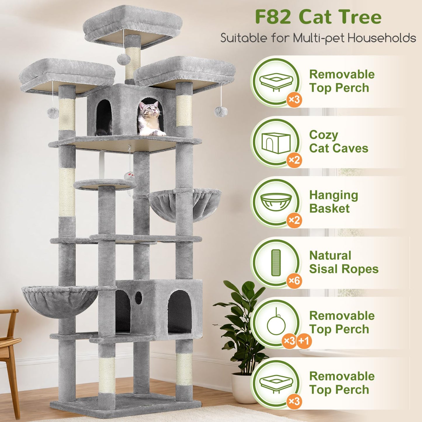 Globlazer Cat Trees and Towers for Multiple Adult Cats, 82-inch XXL Tall Cat Tree Tower for Indoor Cats with Scratching Post, 3 Perches, 2 Condos, 2 Hanging Baskets, F82, Light Grey