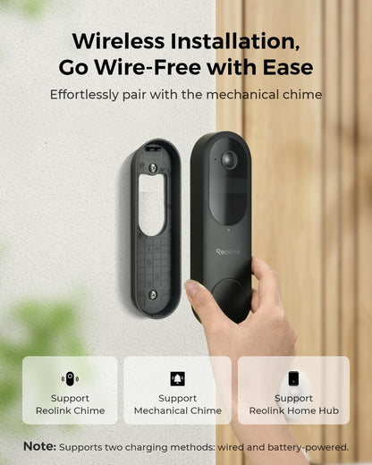 REOLINK Wireless 2K Battery Video Doorbell Camera, 150°x150° Head-to-Toe View, 2.4/5 GHz WiFi, Battery or Wired Power Options, Two-Way Talk, Person/Vehicle/Package Detection(Chime not Included)