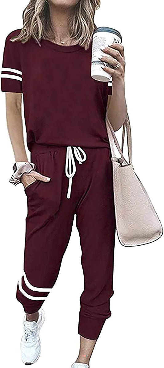 PRETTYGARDEN Women Summer Two Piece Outfits Striped Short Sleeve Pullover and Long Pants Tracksuit Travel Pajama Lounge Set (Wine Red,Small)