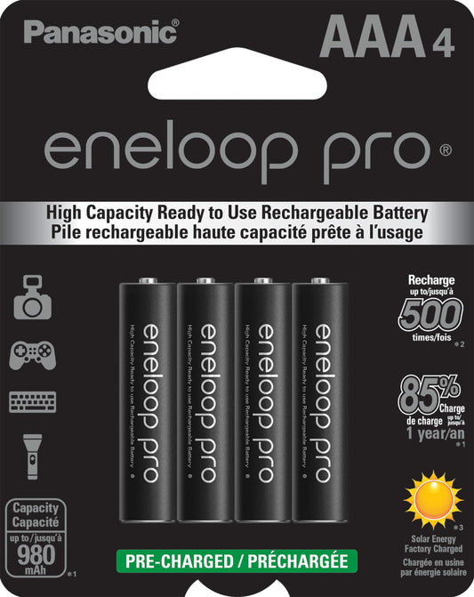 Panasonic BK-4HCCA4BA eneloop Pro AAA High Capacity Ni-MH Pre-Charged Rechargeable Batteries, 4 Pack