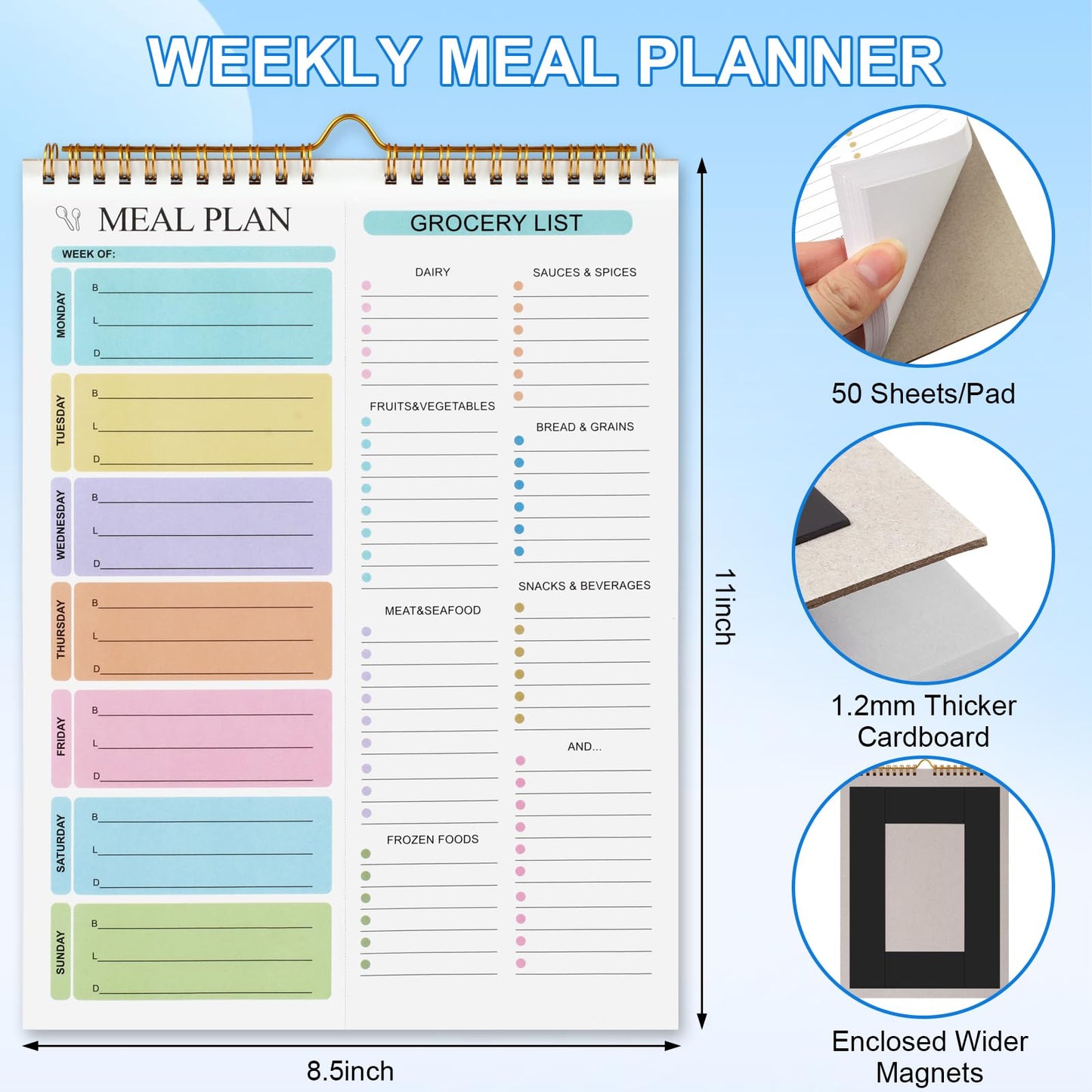 Joyberg Meal Planner Notebook 8.5x11”, 50 Sheets Magnetic, Double Helix Meal & Grocery List, Wall-Mountable Menu Planner for Daily & Weekly Plan