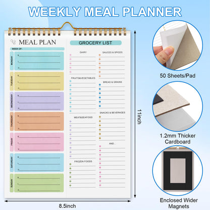 Joyberg Meal Planner Notebook 8.5x11”, 50 Sheets Magnetic, Double Helix Meal & Grocery List, Wall-Mountable Menu Planner for Daily & Weekly Plan