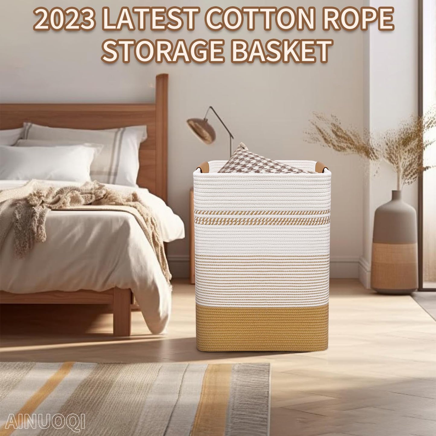 AINUOQI Laundry Hamper - 85L Large Laundry Basket with Leather Handles, Decorative Storage Basket for Blankets - Cotton Rope Woven Baskets for Storage, Clothes Hamper for Living Room, Jute & White