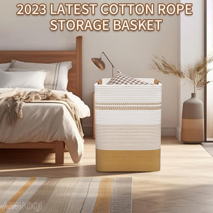 AINUOQI Laundry Hamper - 85L Large Laundry Basket with Leather Handles, Decorative Storage Basket for Blankets - Cotton Rope Woven Baskets for Storage, Clothes Hamper for Living Room, Jute & White