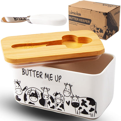 Lumicook Porcelain Butter Dish with Lid, Natural Bamboo Lid, Seal, Cow Butter Holder, Easily Fits 2 Sticks of Butter (Butter me up)